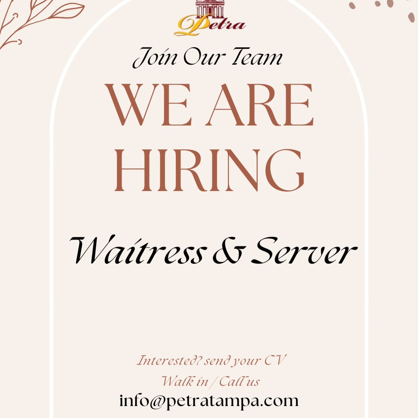 We’re Hiring at Petra Mediterranean Restaurant! After 20+ years serving Tampa…