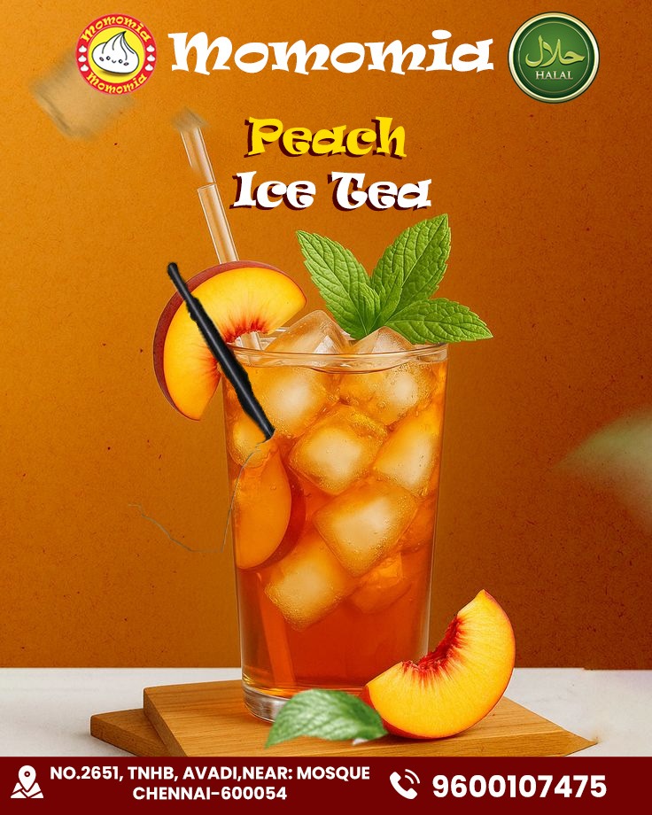 Beat the heat with a glass of Peach Ice Tea at Momomia 🍑🧊 Fresh peach flavor…