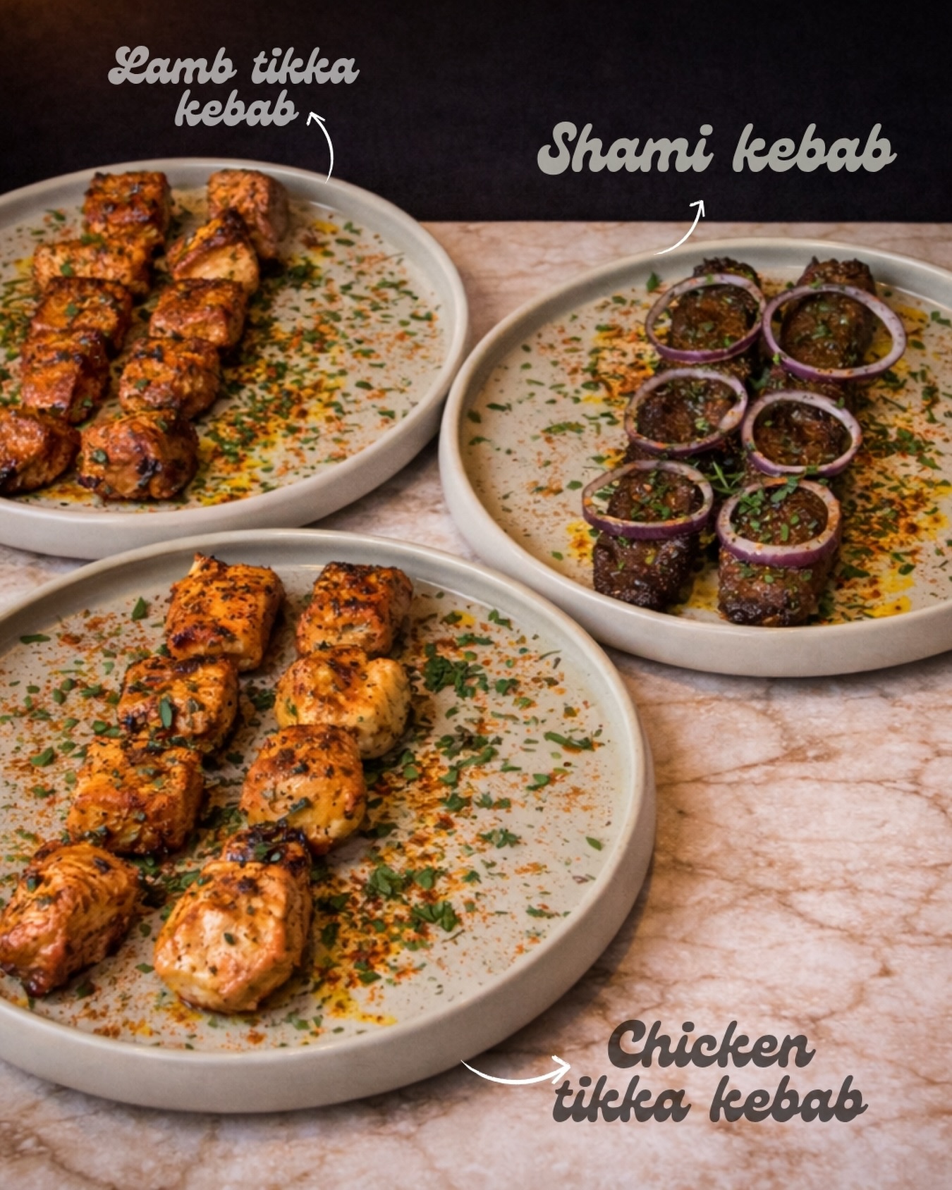 Afghan Special Kebabs. Shami Kebab, Chicken Tikka Kebab, and Lamb Tikka Kebab…