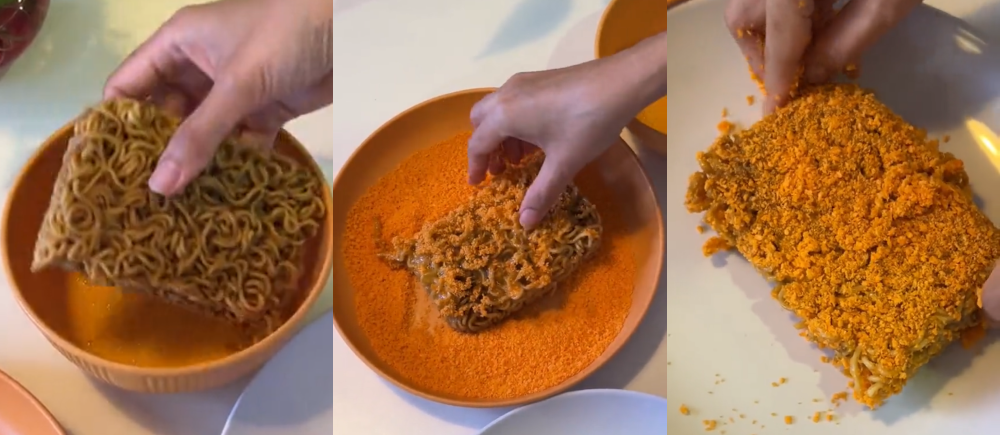 Coat the noodles with bread crumbs on all sides